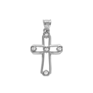 PENDENTIF ARGENT RHODIÉ CROIX 20X12MM  AJOURÉE  AVEC OXYDES BLANCS