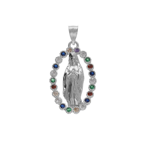 PENDENTIF ARGENT RHODIÉ OVALE VIERGE LOURDES DIM 18 X 12   OXYDES MULTI COULEURS