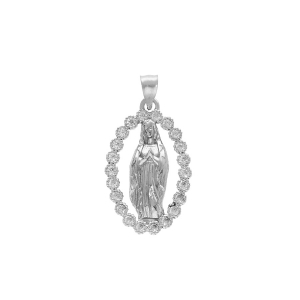PENDENTIF ARGENT RHODIÉ OVALE VIERGE LOURDES OXYDES BLANCS SERTIS
