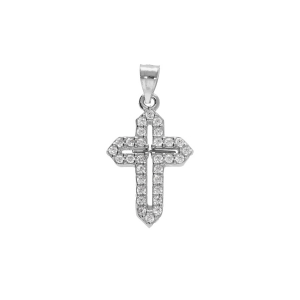 PENDENTIF ARGENT RHODIÉ CROIX 15X10MM OXYDES BLANCS SERTIS
