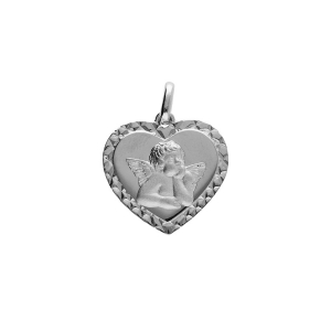 PENDENTIF ARGENT PLATINÉ COEUR CONTOUR DIAMANTÉ AVEC ANGE