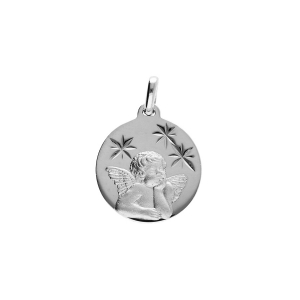 PENDENTIF ARGENT PLATINÉ MEDAILLE 15MM DIAMANTÉ ETOILE AVEC ANGE