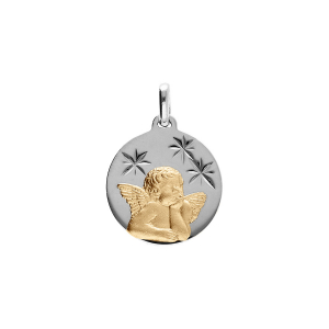 PENDENTIF ARGENT PLATINÉ ET ARGENT DORÉ MEDAILLE 15MM DIAMANTÉ ETOILE AVEC ANGE