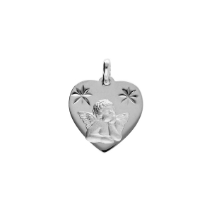 PENDENTIF ARGENT PLATINÉ COEUR CONTOUR DIAMANTÉ AVEC ANGE