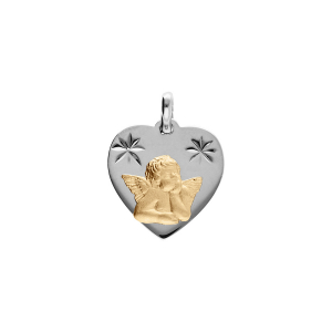 PENDENTIF ARGENT PLATINÉ ET ARGENT DORÉ COEUR CONTOUR DIAMANTÉ AVEC ANGE