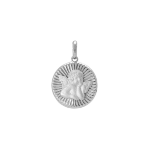 PENDENTIF ARGENT PLATINÉ MEDAILLE 15MM  DIAMANTÉ AVEC ANGE