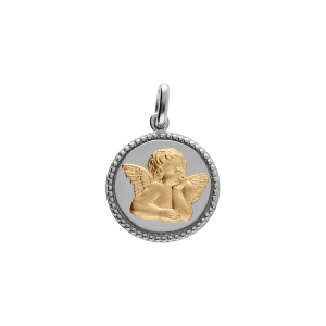 PENDENTIF ARGENT PLATINÉ ET ARGENT DORÉ MEDAILLE 15MM DIAMANTÉ AVEC ANGE
