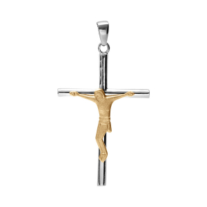 PENDENTIF ARGENT PLATINÉ ET ARGENT DORÉ CROIX AVEC CHRIST 34 X 22MM