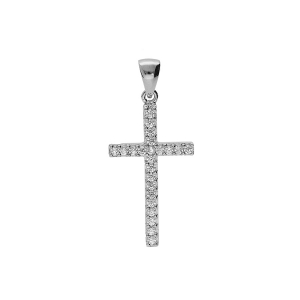 PENDENTIF ARGENT PLATINÉ CROIX AVEC OXYDES BLANCS 25 X 14MM