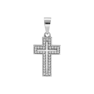 PENDENTIF ARGENT PLATINÉ CROIX AVEC OXYDES BLANCS 17 X 16MM