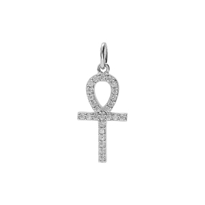 PENDENTIF ARGENT PLATINÉ CROIX DE VIE EGYPTIENNE AVEC OXYDES BLANCS 18 X 15MM
