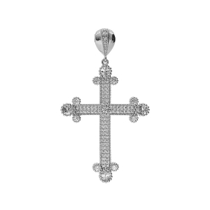 PENDENTIF ARGENT PLATINÉ GRANDE CROIX AVEC OXYDES BLANCS 33 X 23MM