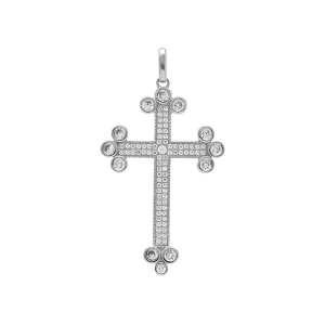 PENDENTIF ARGENT PLATINÉ GRANDE CROIX AVEC OXYDES BLANCS 33 X 23MM
