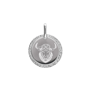 PENDENTIF ARGENT RHODIÉ MEDAILLE 15MM ZODIAQUE TAUREAU
