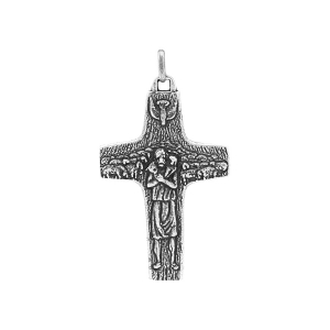 PENDENTIF ARGENT PATINÉ BRILLANT CROIX BON PASTEUR 45X30MM
