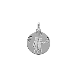 PENDENTIF ARGENT RHODIÉ MEDAILLE 15MM DIAMANTÉ ZODIAQUE GEMEAUX