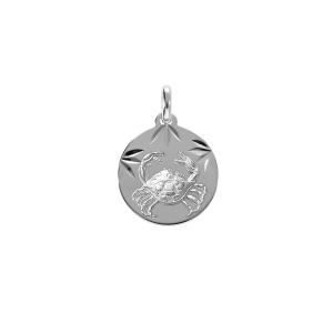 PENDENTIF ARGENT RHODIÉ MEDAILLE 15MM DIAMANTÉ ZODIAQUE CANCER