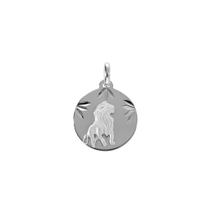 PENDENTIF ARGENT RHODIÉ MEDAILLE 15MM DIAMANTÉ ZODIAQUE LION