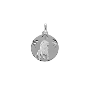 PENDENTIF ARGENT RHODIÉ MEDAILLE 15MM DIAMANTÉ ZODIAQUE LION