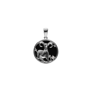 PENDENTIF ARGENT RHODIÉ MEDAILLE 15MM ONYX NOIR IMITATION ZODIAQUE BELIER ET 1 OXYDE BLANC
