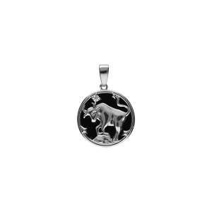 PENDENTIF ARGENT RHODIÉ MEDAILLE 15MM ONYX NOIR IMITATION ZODIAQUE TAUREAU ET 1 OXYDE BLANC