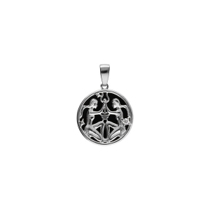 PENDENTIF ARGENT RHODIÉ MEDAILLE 15MM ONYX NOIR IMITATION ZODIAQUE GEMEAUX ET 1 OXYDE BLANC