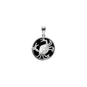 PENDENTIF ARGENT RHODIÉ MEDAILLE 15MM ONYX NOIR IMITATION ZODIAQUE CANCER ET 1 OXYDE BLANC