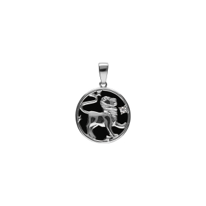 PENDENTIF ARGENT RHODIÉ MEDAILLE 15MM ONYX NOIR IMITATION ZODIAQUE LION ET 1 OXYDE BLANC