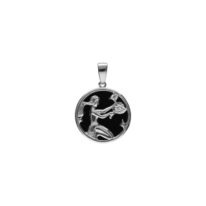 PENDENTIF ARGENT RHODIÉ MEDAILLE 15MM ONYX NOIR IMITATION ZODIAQUE VIERGE ET 1 OXYDE BLANC