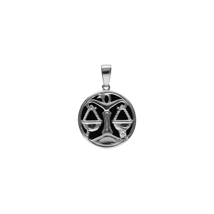 PENDENTIF ARGENT RHODIÉ MEDAILLE 15MM ONYX NOIR IMITATION ZODIAQUE BALANCE ET 1 OXYDE BLANC