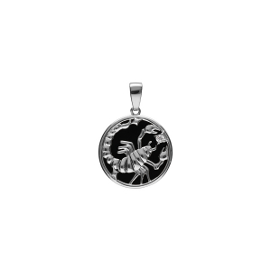PENDENTIF ARGENT RHODIÉ MEDAILLE 15MM ONYX NOIR IMITATION ZODIAQUE SCORPION ET 1 OXYDE BLANC