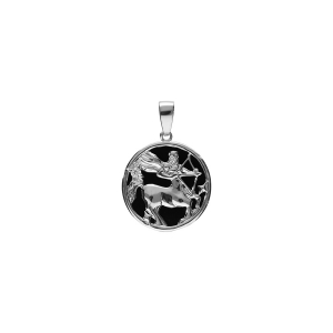 PENDENTIF ARGENT RHODIÉ MEDAILLE 15MM ONYX NOIR IMITATION ZODIAQUE SAGITTAIRE  ET 1 OXYDE BLANC