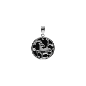 PENDENTIF ARGENT RHODIÉ MEDAILLE 15MM ONYX NOIR IMITATION ZODIAQUE CAPRICORNE  ET 1 OXYDE BLANC