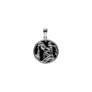 PENDENTIF ARGENT RHODIÉ MEDAILLE 15MM ONYX NOIR IMITATION ZODIAQUE VERSEAU  ET 1 OXYDE BLANC