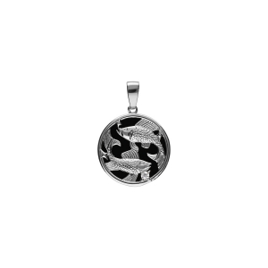 PENDENTIF ARGENT RHODIÉ MEDAILLE 15MM ONYX NOIR IMITATION ZODIAQUE POISSONS ET 1 OXYDE BLANC
