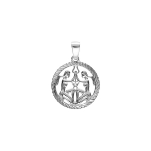 PENDENTIF ARGENT RHODIÉ MEDAILLE 15MM STRIEE ZODIAQUE GEMEAUX  DECOUPÉ