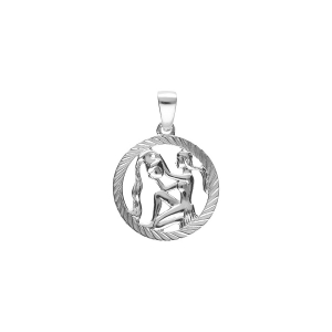 PENDENTIF ARGENT RHODIÉ MEDAILLE 15MM STRIEE ZODIAQUE VERSEAU DECOUPÉ