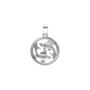 PENDENTIF ARGENT RHODIÉ MEDAILLE 15MM STRIEE ZODIAQUE POISSONS DECOUPÉ