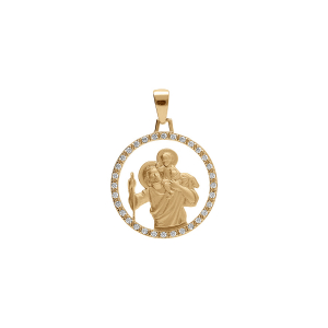 PENDENTIF ARGENT DORÉ ROND 18MM ST CHRISTOPHE CONTOUR OXYDES BLANCS SERTIS