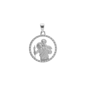 PENDENTIF ARGENT PLATINE ROND 18MM ST CHRISTOPHE CONTOUR OXYDES BLANCS SERTIS