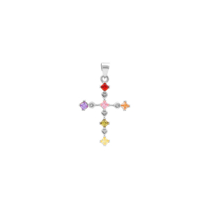PENDENTIF ARGENT RHODIÉ CROIX 20MM X 15MM  OXYDES MULTI COULEURS