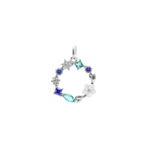 PENDENTIF ARGENT RHODIÉ ROND JARDIN FLEURI OXYDES NUANCE BLEU ET FLEUR NACRE