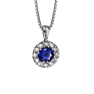 COLLIER ARGENT RHODIÉ PENDENTIF OXYDE BLEU CENTRAL AVEC CONTOUR OXYDES BLANCS 42CM