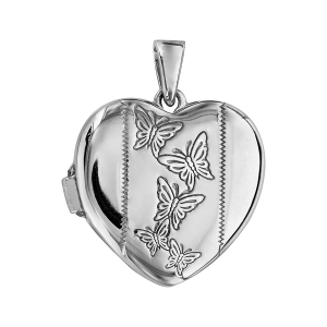 PENDENTIF CASSOLETTE COEUR MOTIF PAPILLON ARGENT RHODIÉ (1 OU 2 PHOTOS DROITE ET GAUCHE)