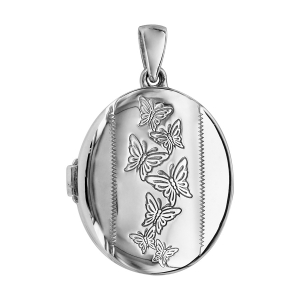 PENDENTIF CASSOLETTE OVALE MOTIF PAPILLON ARGENT RHODIÉ (1 OU 2 PHOTOS DROITE ET GAUCHE)
