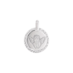PENDENTIF ARGENT RHODIÉ MEDAILLE  16MM AVEC ANGE CONTOUR DIAMANTÉ