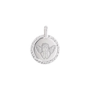 PENDENTIF ARGENT RHODIÉ MEDAILLE  16MM AVEC ANGE CONTOUR DIAMANTÉ