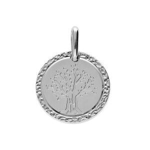 PENDENTIF ARGENT RHODIÉ MEDAILLE  16MM AVEC ARBRE DE VIE CONTOUR DIAMANTÉ