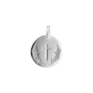 PENDENTIF ARGENT RHODIÉ MEDAILLE RONDE 15MM AVEC CROIX ET RAMEAU