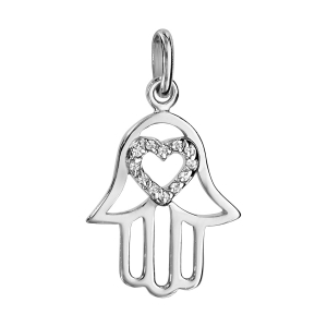 PENDENTIF ARGENT RHODIÉ MAIN DE FATMA AVEC COEUR OXYDES BLANCS SERTIS